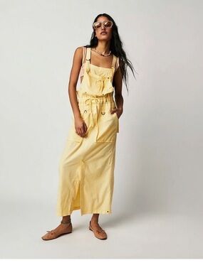Free People Gracie Skirtall Overall Style Utility Maxi Dress Butter Yellow Med